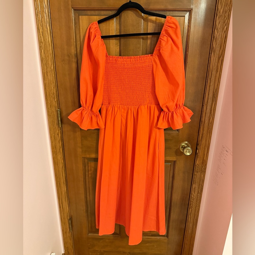Aura Orange Midi Dress with Smocked Bodice and Puff Sleeves - Picture 2 of 4